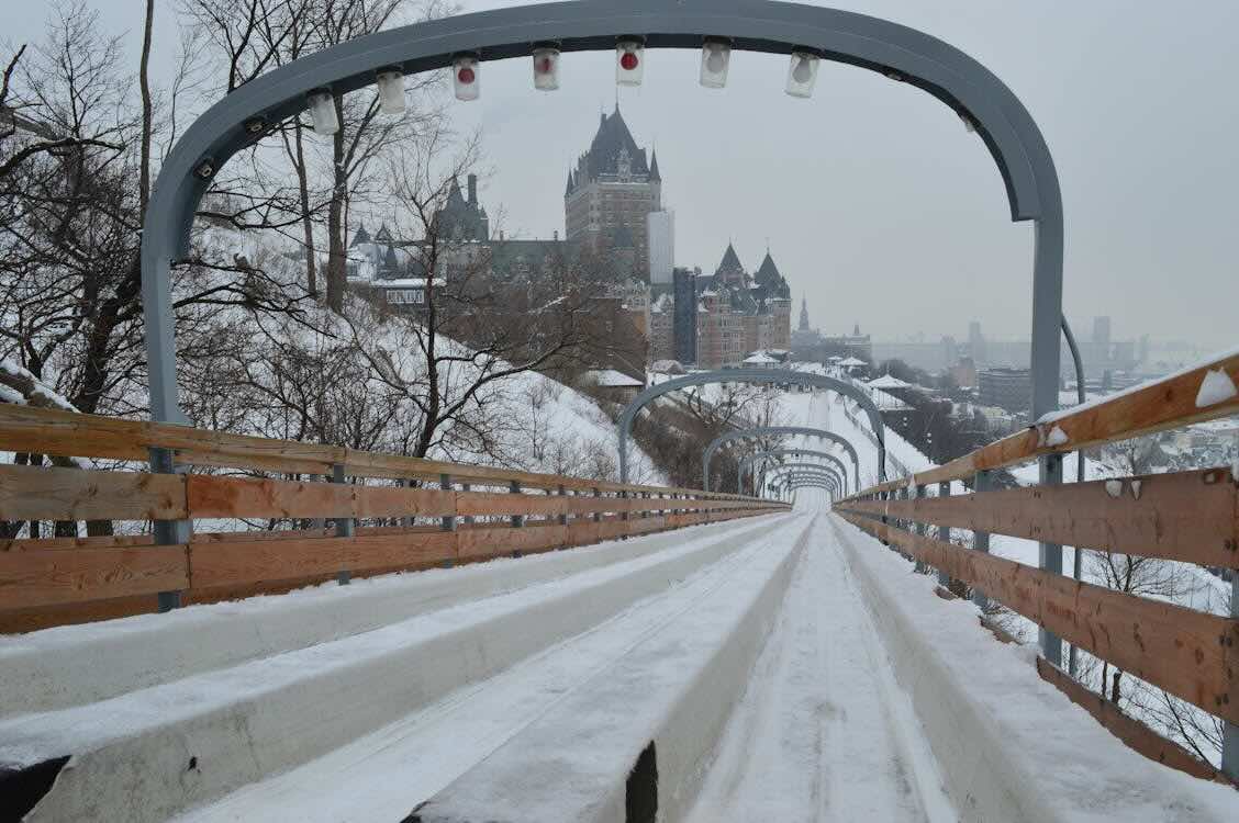 view from top of toboggan slide in old quebec view from top of toboggan slide in old quebec